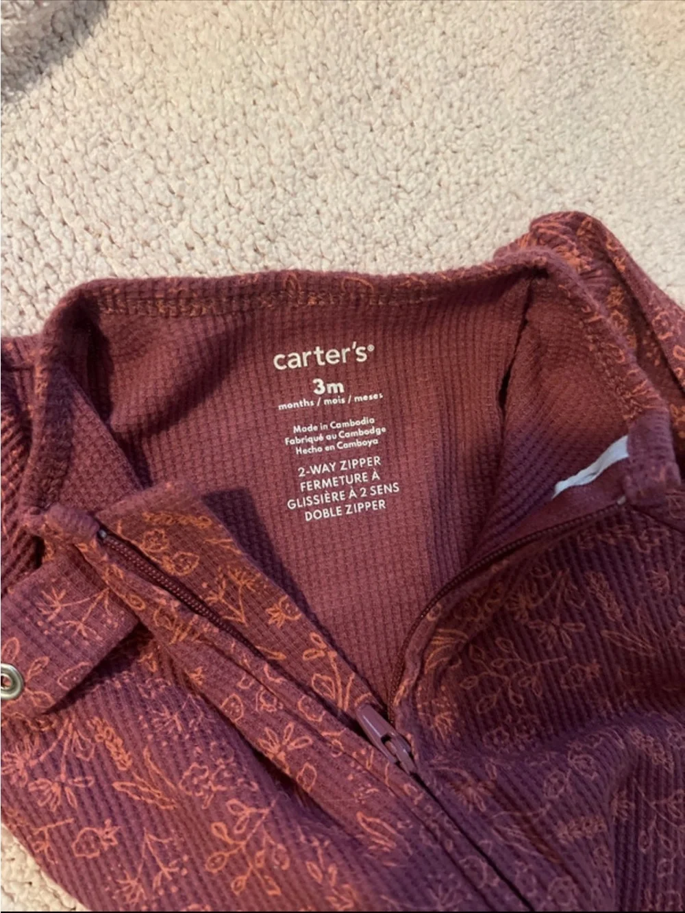 Carter's Maroon Floral Long-Sleeve Footed One-Piece